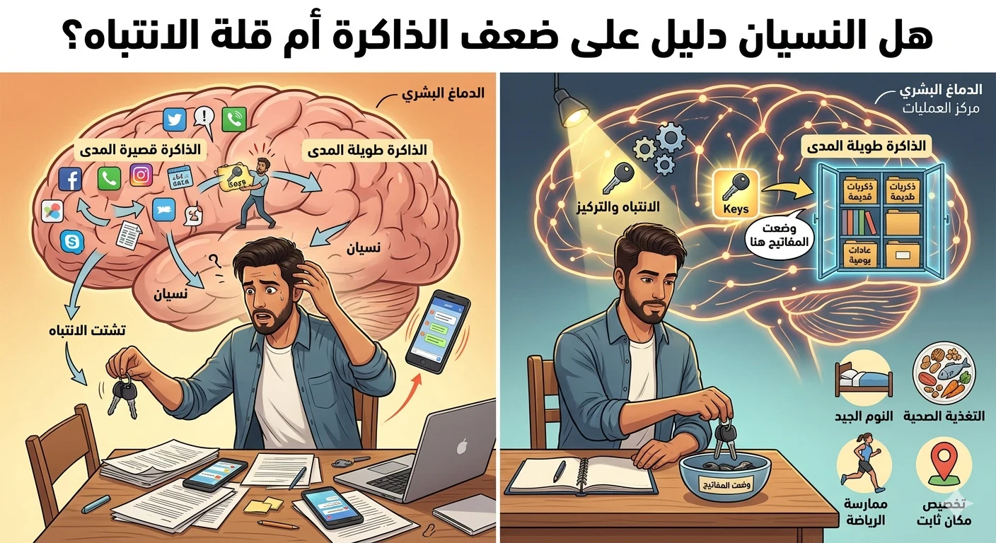 image about لماذا ننسى أين وضعنا المفاتيح؟ شرح علمي بسيط لكيفية تدريب دماغنا على الانتباه وكيفية عمل الذاكرة.