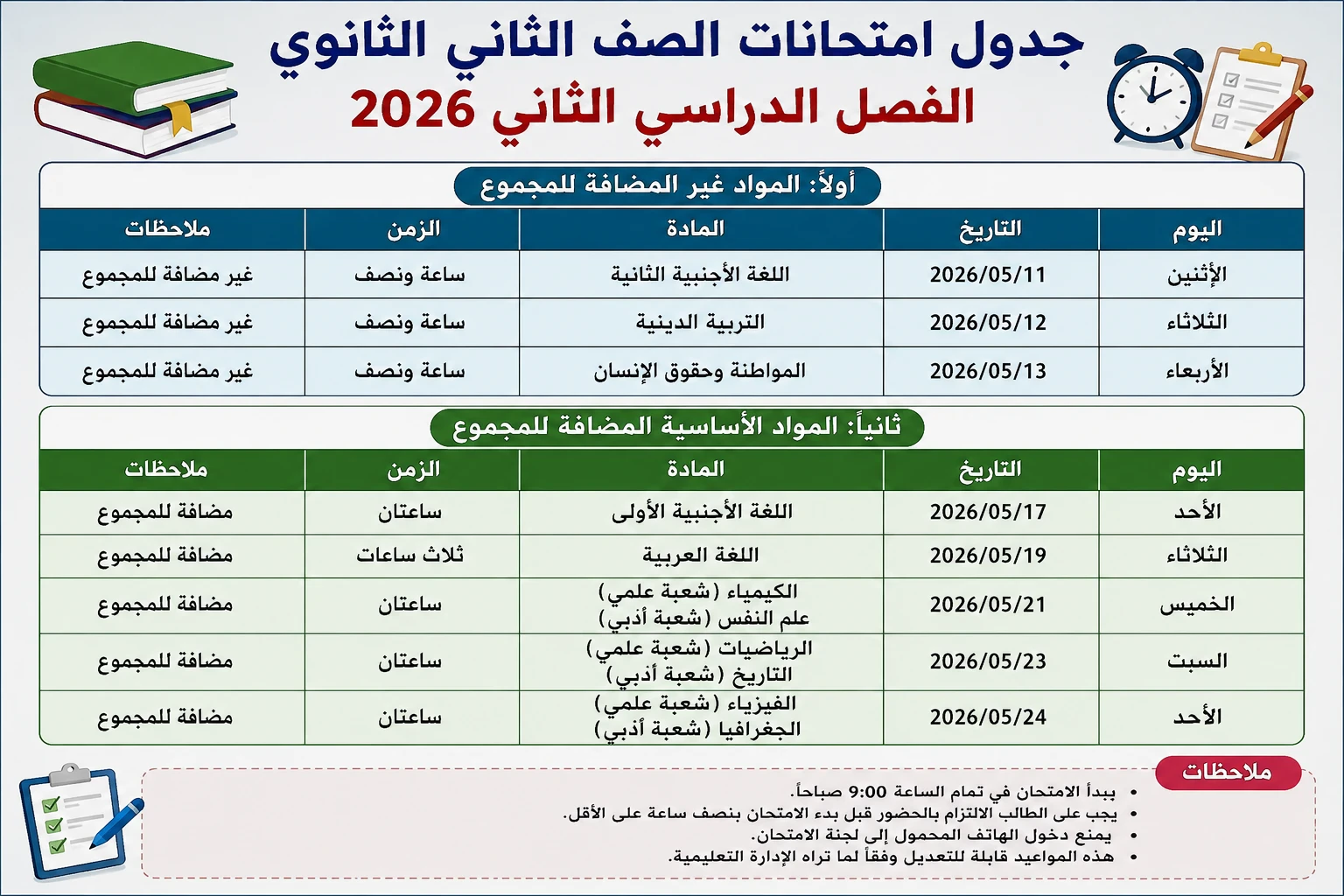 image about مواعيد امتحان الصف الثاني الثانوي ترم تاني 2026