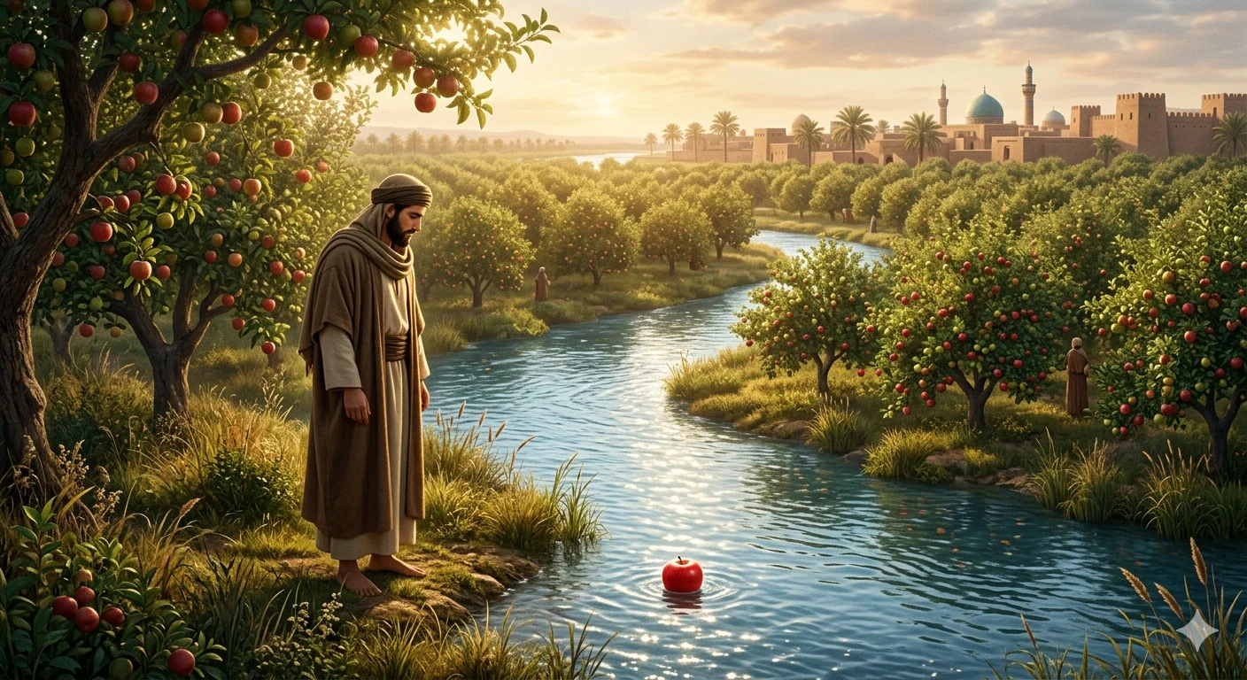 image about جَدْوَلُ الوَرَعِ الرَّقِيق: كَيْفَ أَثْمَرَتْ تَفَّاحَةُ النَّهْرِ إِمَامَ الدُّنْيَا؟