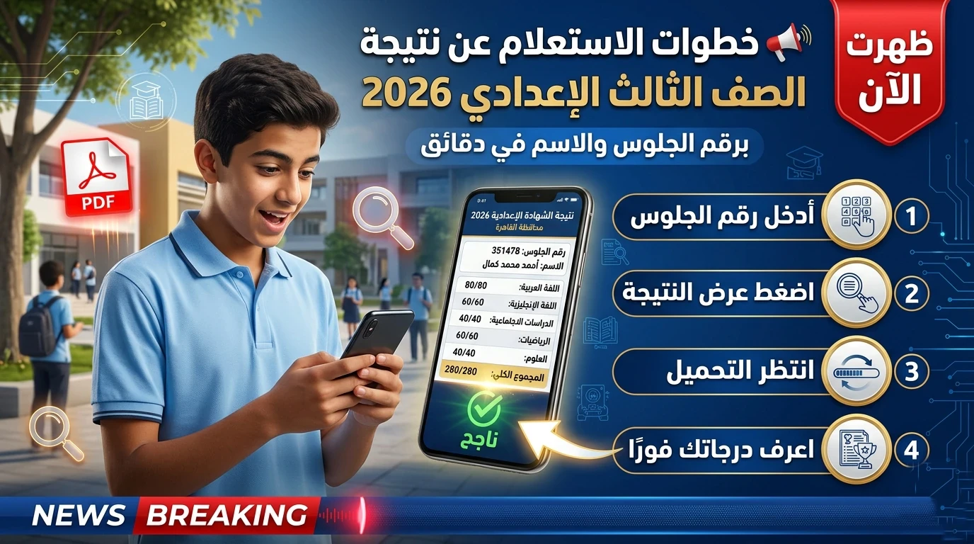 image about 🔥 نتيجة الصف الثالث الإعدادي 2026 الترم الثاني برقم الجلوس والاسم جميع المحافظات | رابط الاستعلام المباشر وتحميل PDF فور الظهور