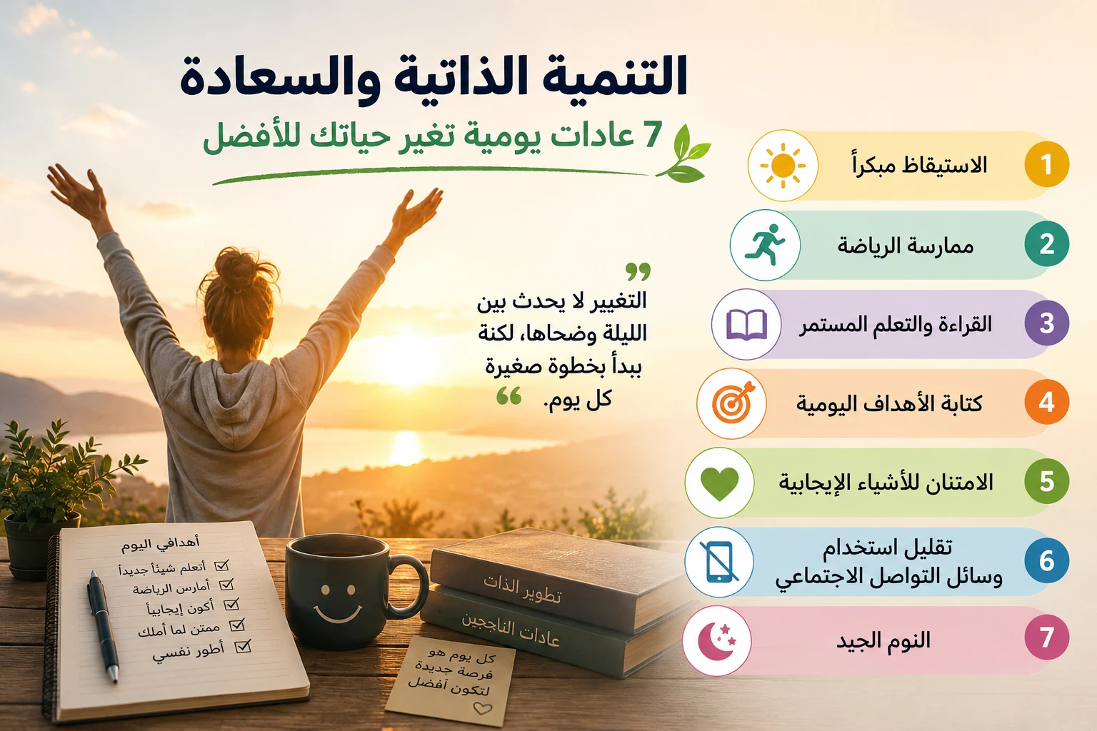 image about التنمية الذاتية والسعادة: 7 عادات يومية تغير حياتك للأفضل
