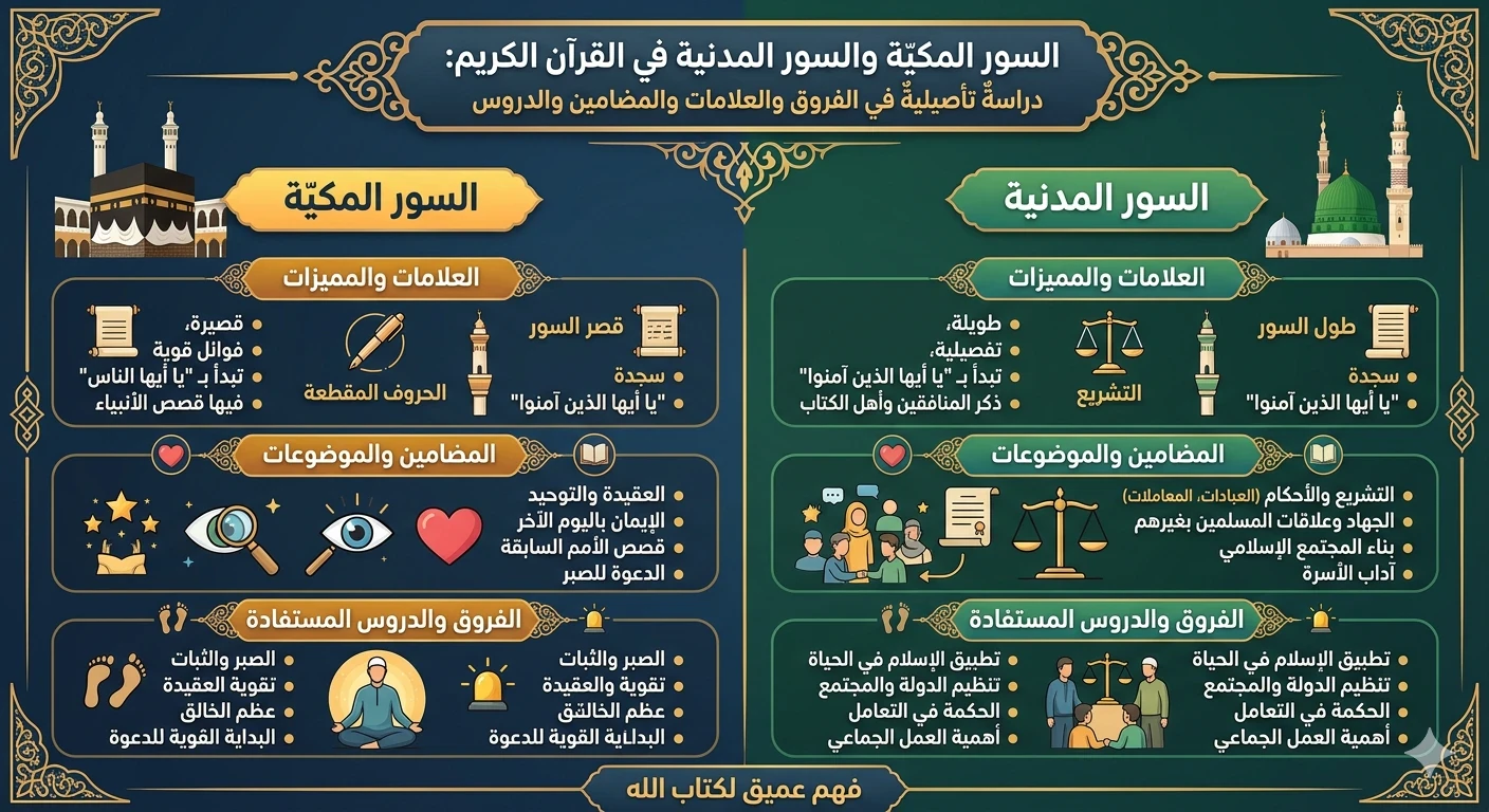 image about السور المكية والسور المدنية في القرآن الكريم ، دراسةٌ تأصيليةٌ في الفروق والعلامات والمضامين والدروس