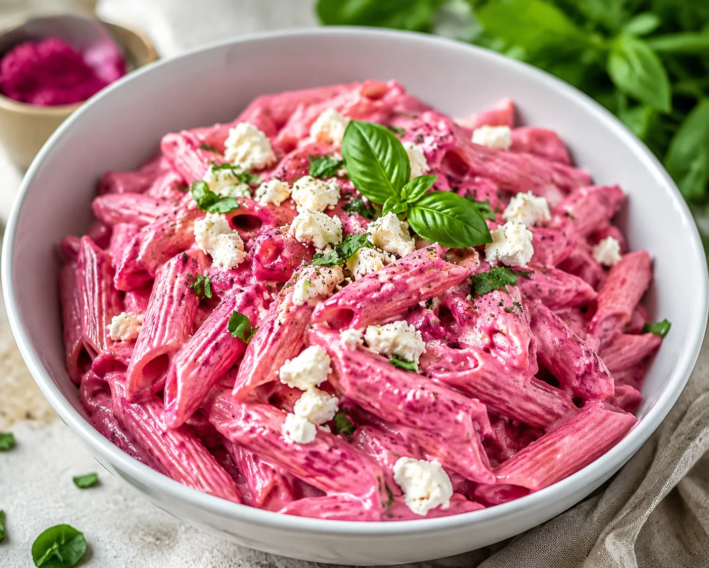 image about 🍝💗 باستا بصوص الشمندر الوردي والفيتا | وصفة كريمية ملونة بطعم فاخر وسهلة التحضير