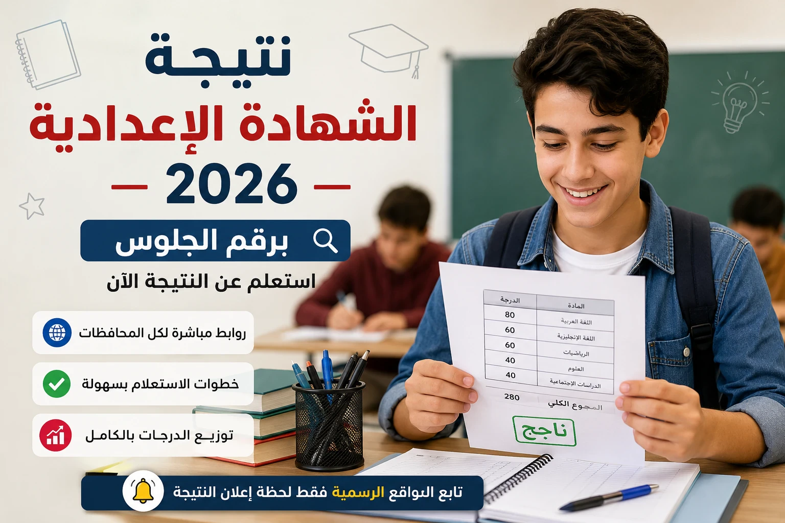 image about نتيجة الشهادة الإعدادية 2026 برقم الجلوس – رابط الاستعلام الرسمي وتحديث المحافظات