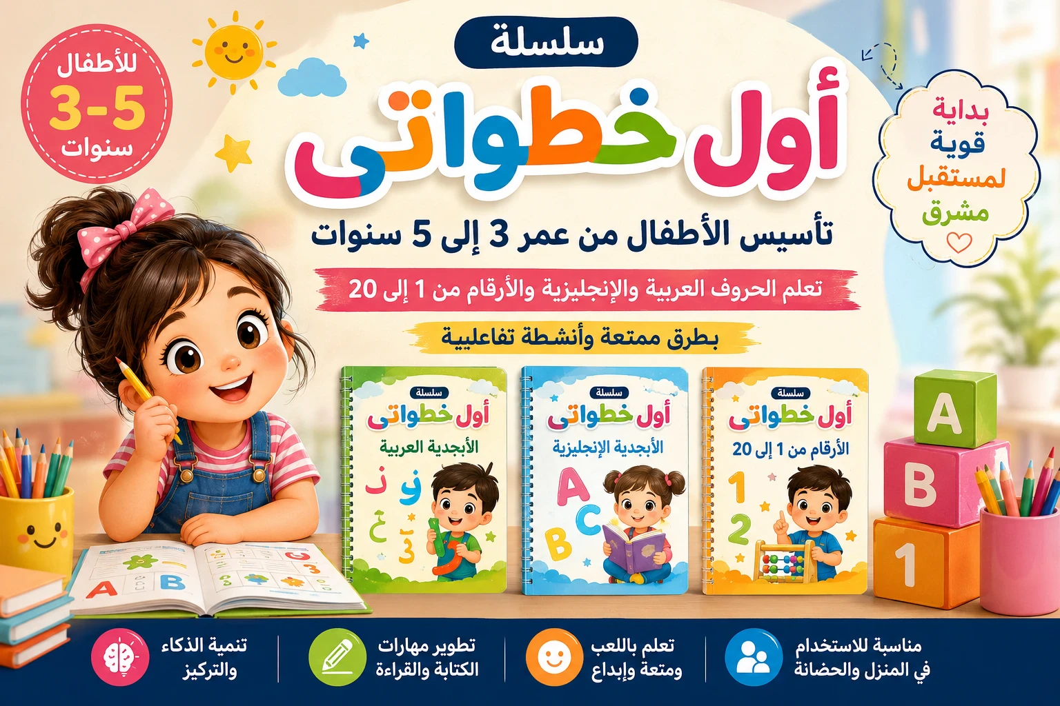 image about سلسلة أول خطواتي لتأسيس الأطفال من عمر 3 إلى 5 سنوات | تعلم الحروف العربية والإنجليزية والأرقام من 1 إلى 20 بطريقة ممتعة