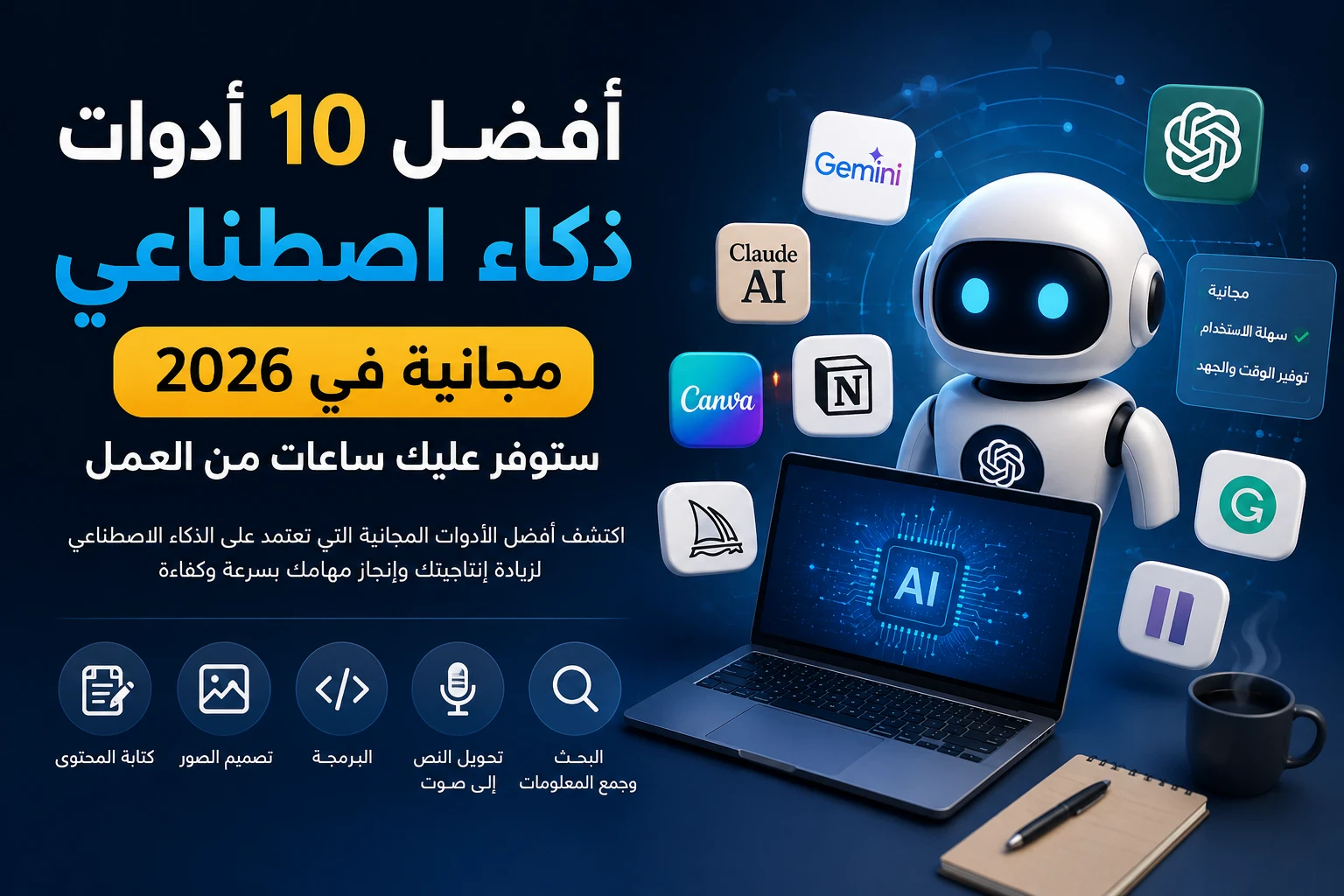 image about أفضل 10 أدوات ذكاء اصطناعي مجانية في 2026 ستوفر عليك ساعات من العمل