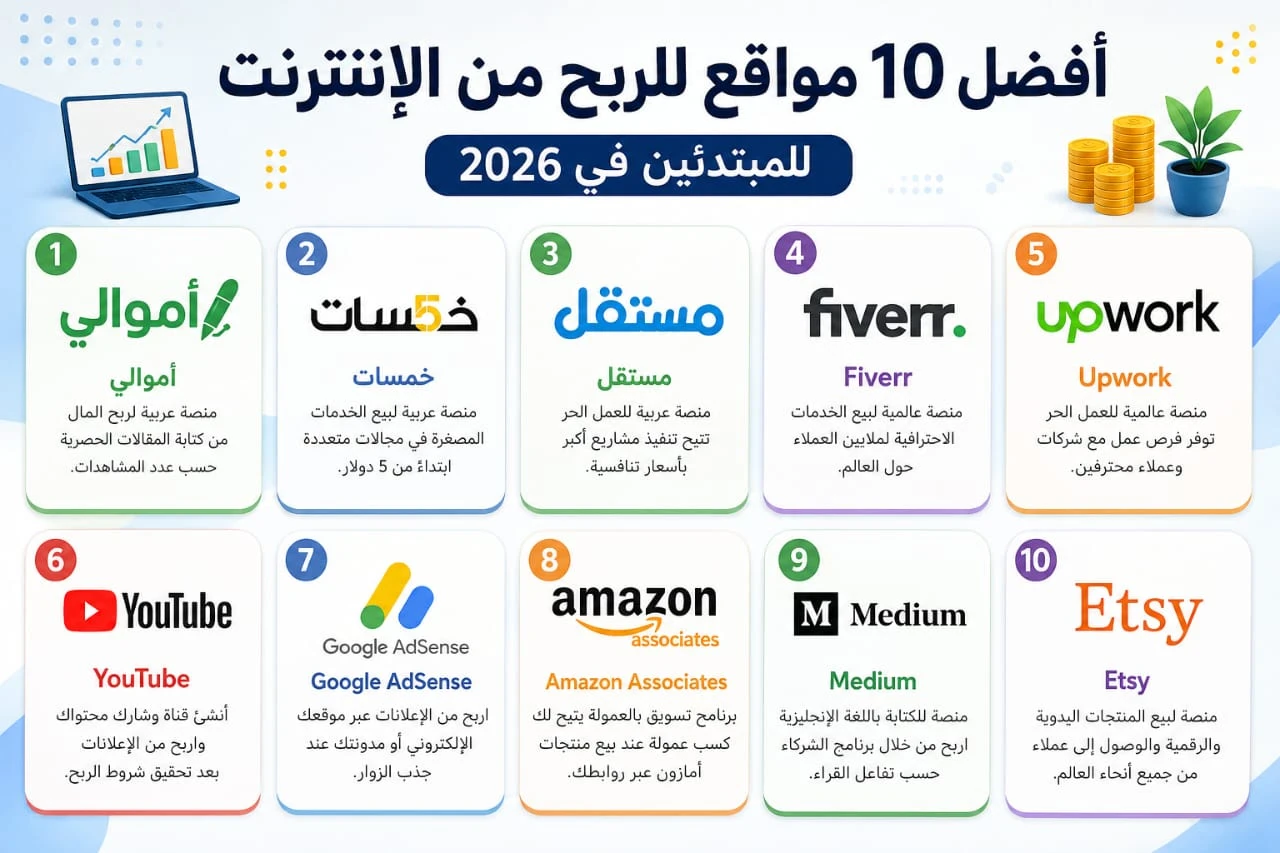 image about أفضل مواقع الربح من الإنترنت للمبتدئين في 2026 | دليل شامل لبدء أول دخل أونلاين