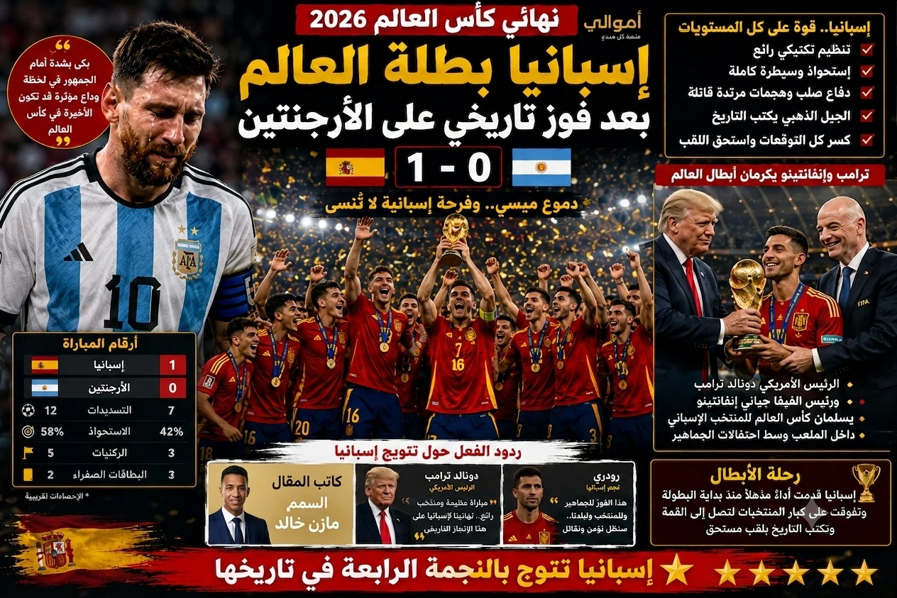 image about إسبانيا تُسقط الأرجنتين.. دموع ميسي تخطف الأنظار واحتفالات التتويج تهز العالم