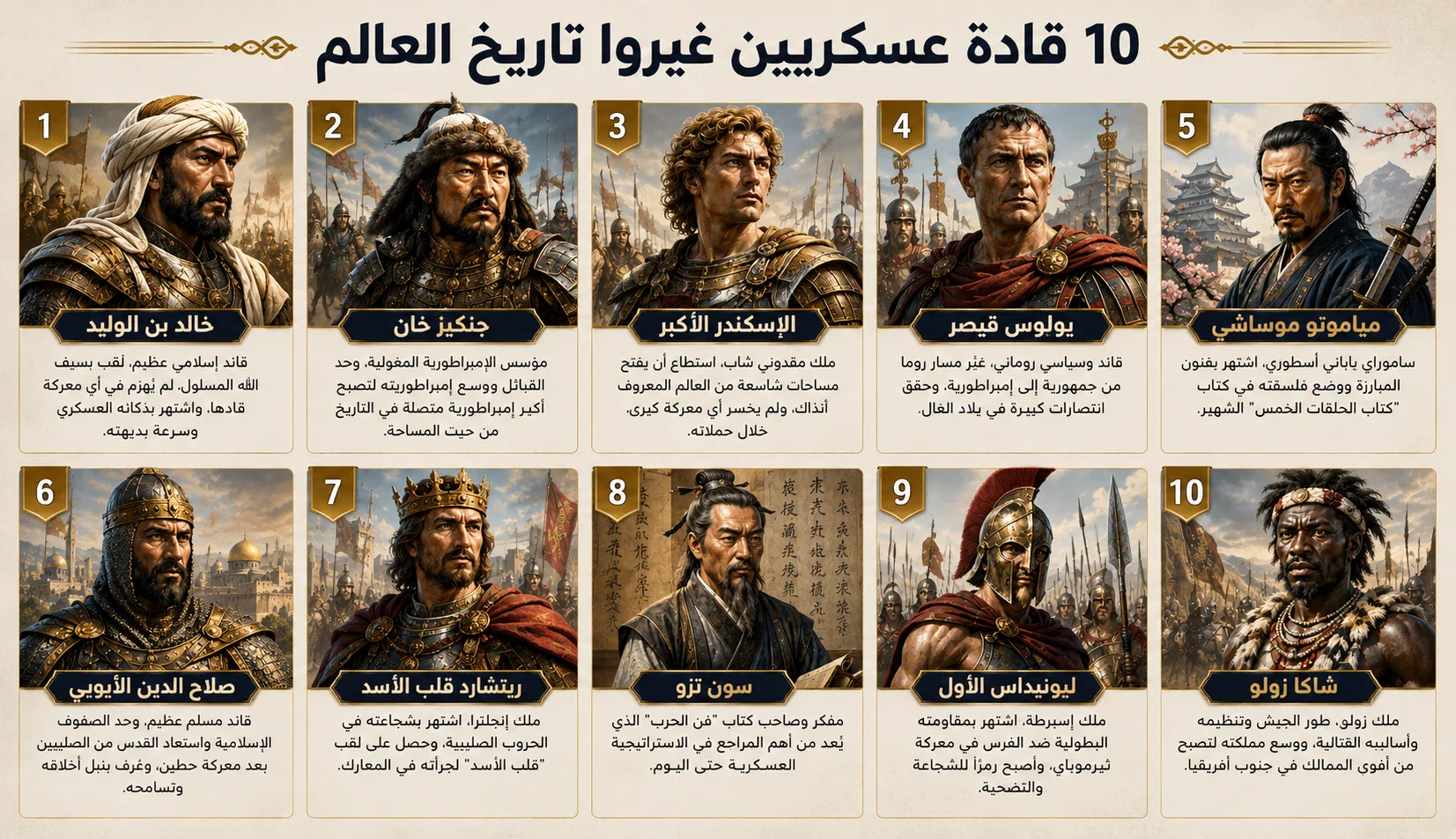 image about من خالد بن الوليد إلى جنكيز خان.. 10 قادة عسكريين غيّروا تاريخ العالم