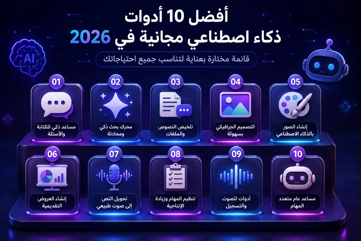 image about "أفضل 10 أدوات ذكاء اصطناعي مجانية في 2026 ستوفر عليك ساعات من العمل"
