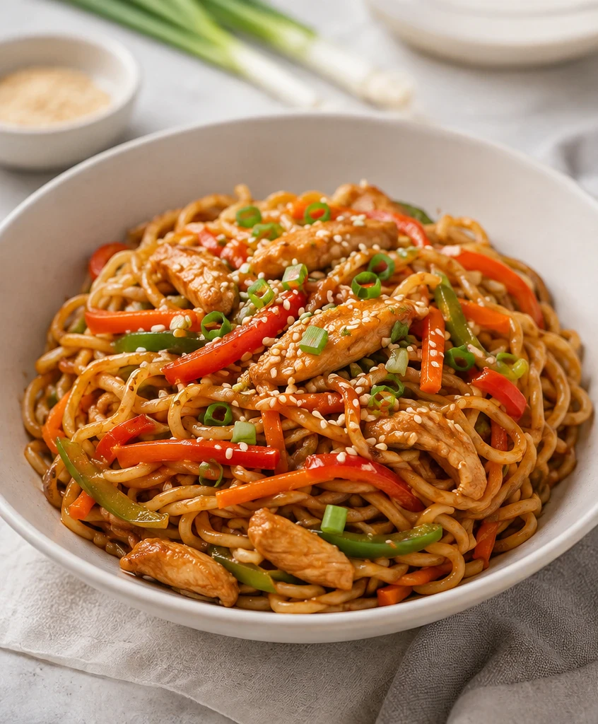 image about نودلز آسيوية بالدجاج والخضار / Asian Chicken and Vegetable Noodles