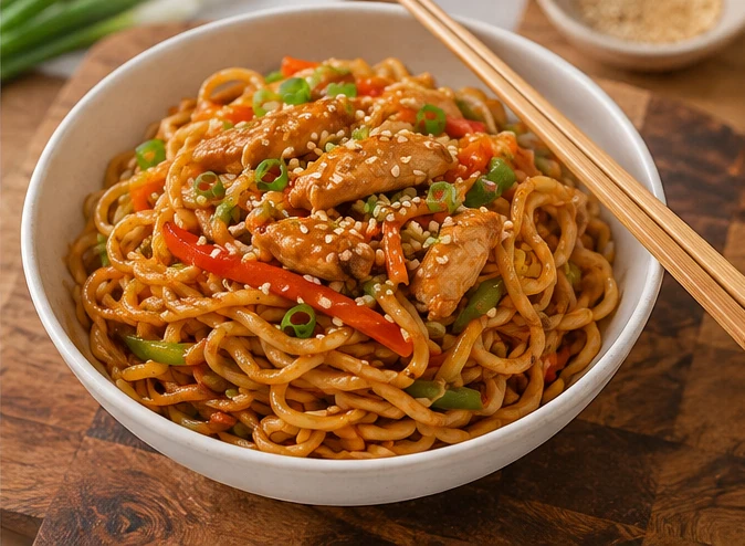 image about نودلز آسيوية بالدجاج والخضار / Asian Chicken and Vegetable Noodles