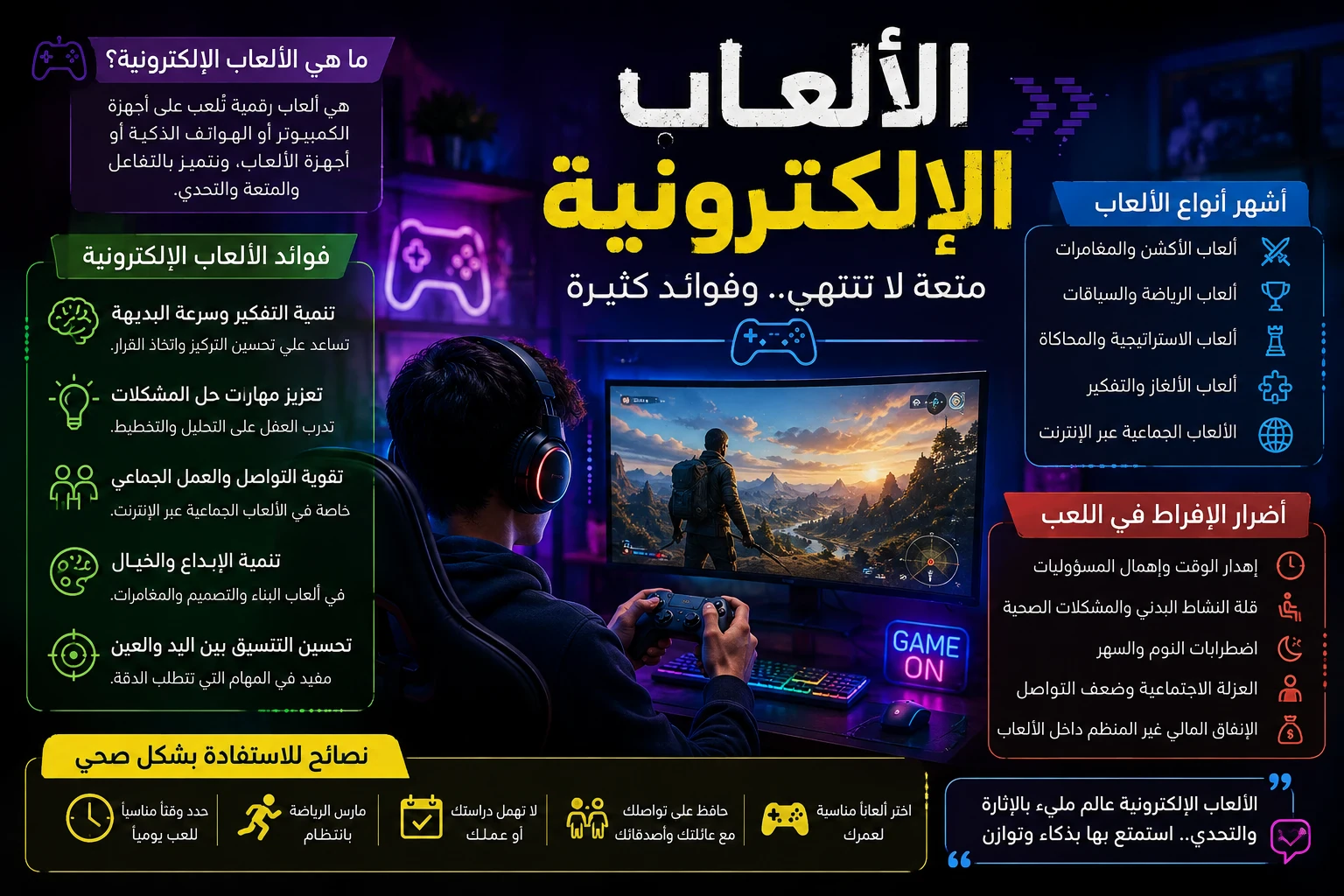 image about عرف على فوائد وأضرار الألعاب الإلكترونية، وأشهر أنواعها، وتأثيرها على الصحة والتعليم والرياضات الإلكترونية، مع نصائح لتحقيق التوازن والاستفادة منها.
