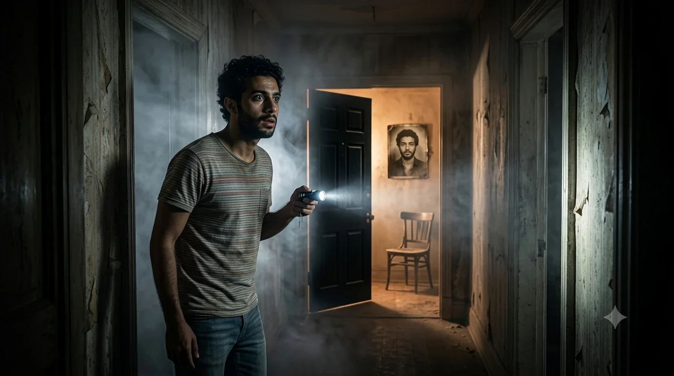 image about في قرية هادئة، يقف منزل مهجور يخفي سرًا مرعبًا لم يجرؤ أحد على اكتشافه. لكن عندما يقرر شاب دخول المنزل ليلًا، يجد بابًا أسود غامضًا وصورة تحمل ملامحه رغم أنها تعود لعشرات السنين. فماذا يوجد خلف الباب؟ ولماذا يبدو أن المنزل كان ينتظره منذ سنوات؟