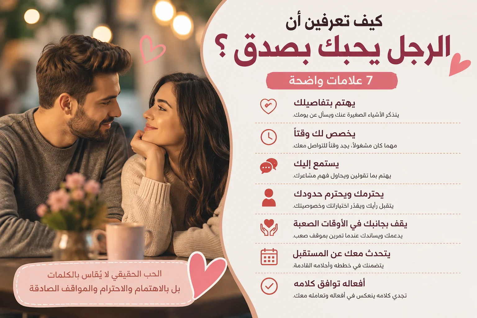 image about كيف.   تعرفين.   أن     الرجل  يحبك    بصدق؟    7 علامات.    واضحة