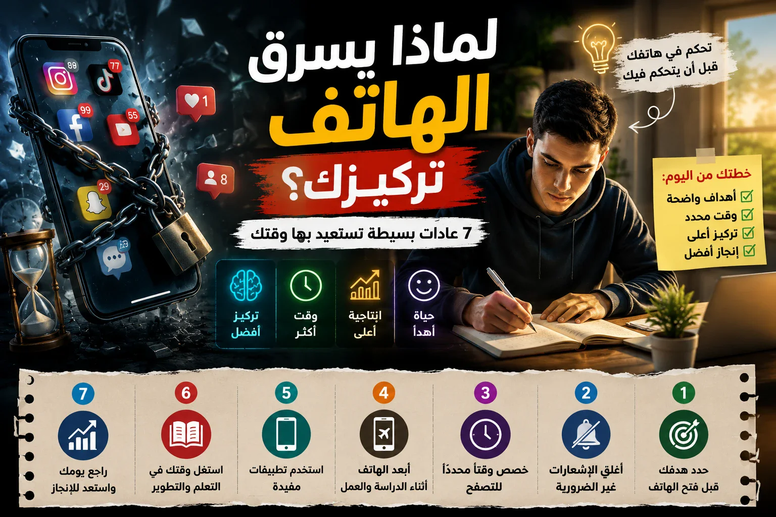 image about لماذا يسرق الهاتف تركيزك؟ 7 عادات بسيطة تستعيد بها وقتك