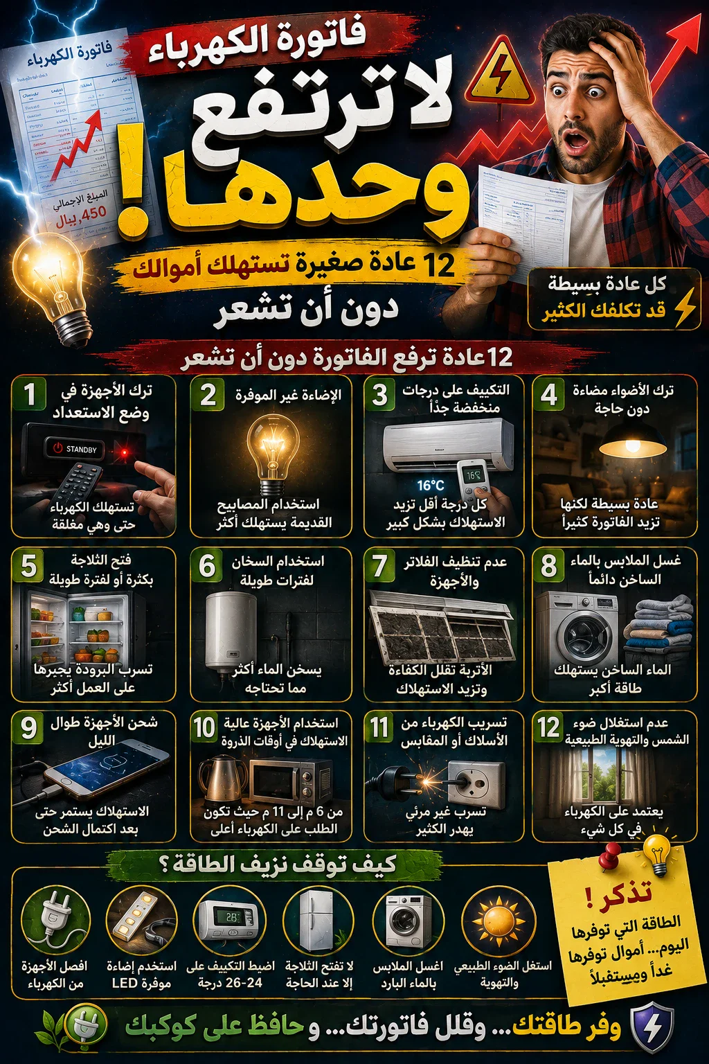 image about فاتورة الكهرباء لا ترتفع وحدها!.. 12 عادة صغيرة تستهلك أموالك دون أن تشعر وكيف توقف نزيف الطاقة