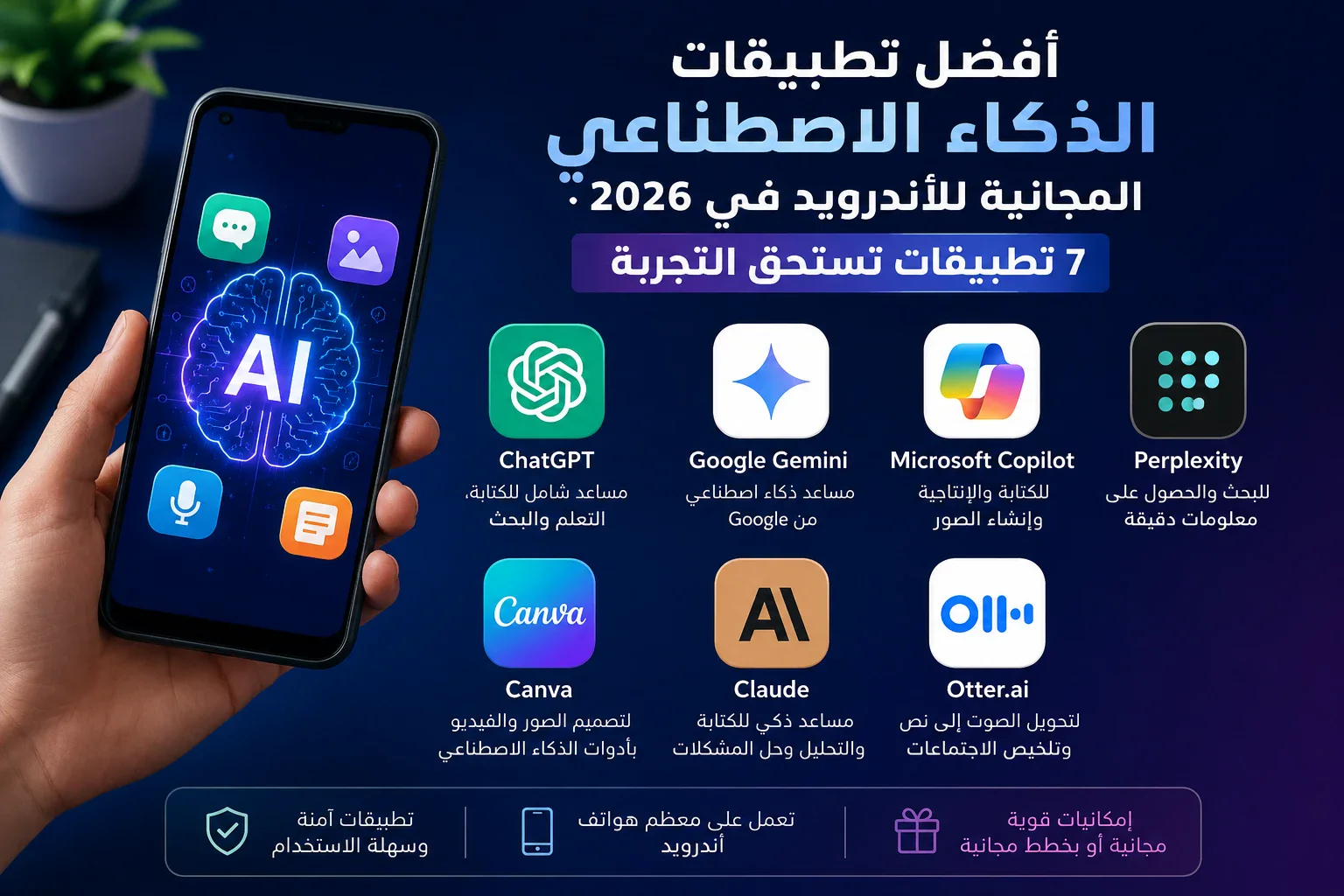 image about أفضل تطبيقات الذكاء الاصطناعي المجانية للأندرويد في 2026: 7 تطبيقات تستحق التجربة