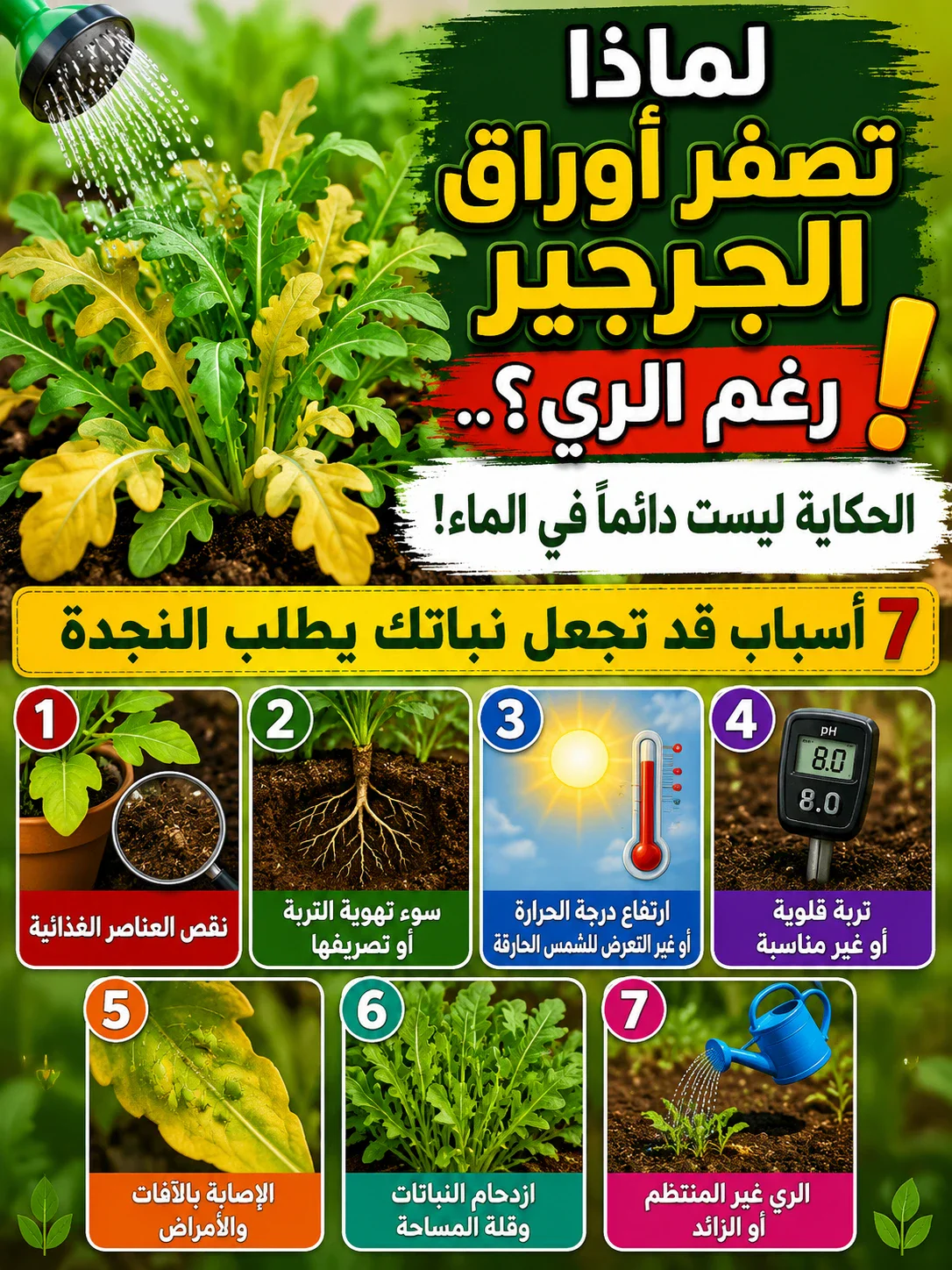 image about لماذا تصفر أوراق الجرجير رغم الري؟.. الحكاية ليست دائمًا في الماء! 7 أسباب قد تجعل نباتك يطلب النجدة