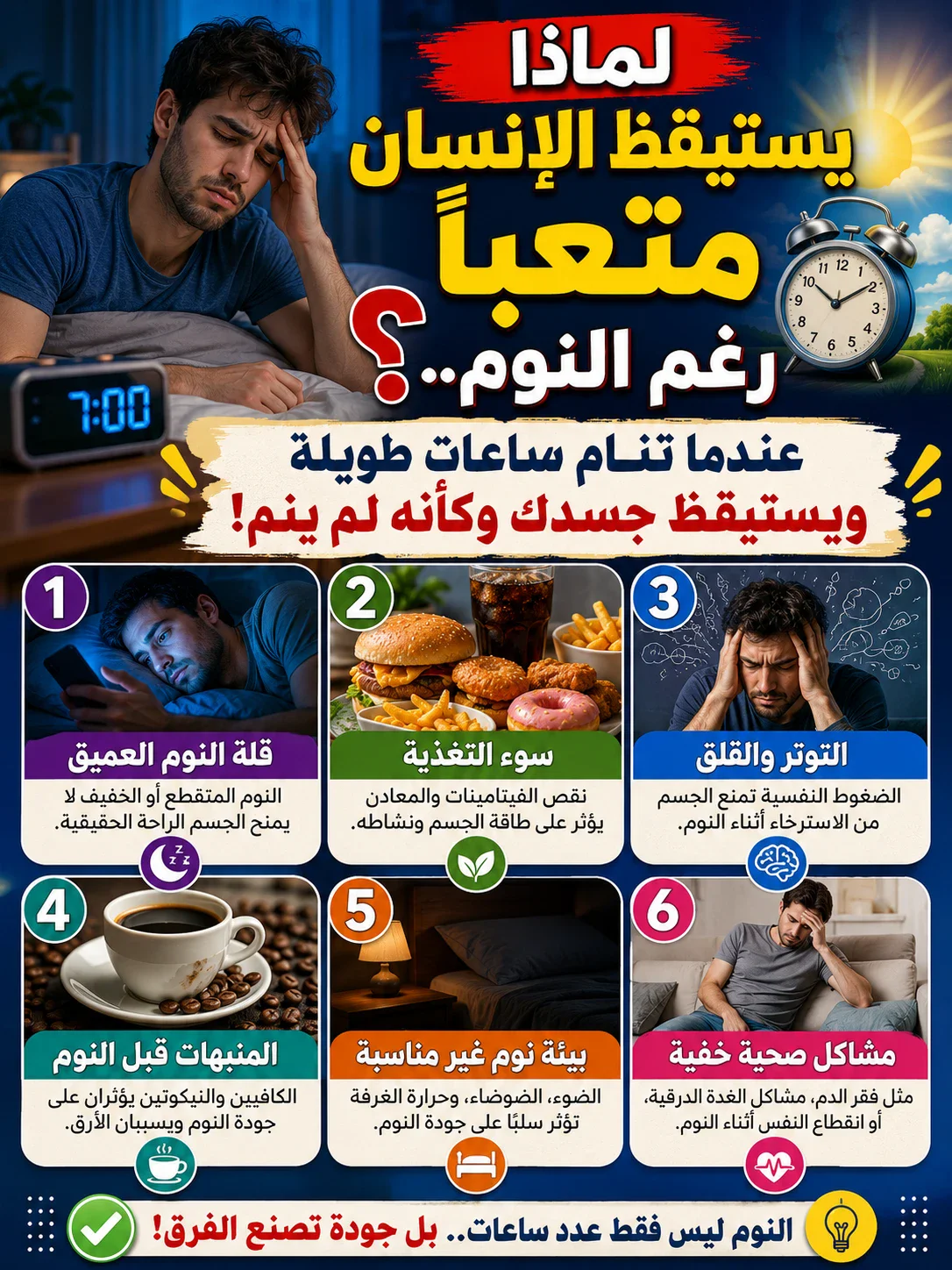 image about لماذا يستيقظ الإنسان متعبًا رغم النوم؟.. عندما تنام ساعات طويلة ويستيقظ جسدك وكأنه لم ينم!