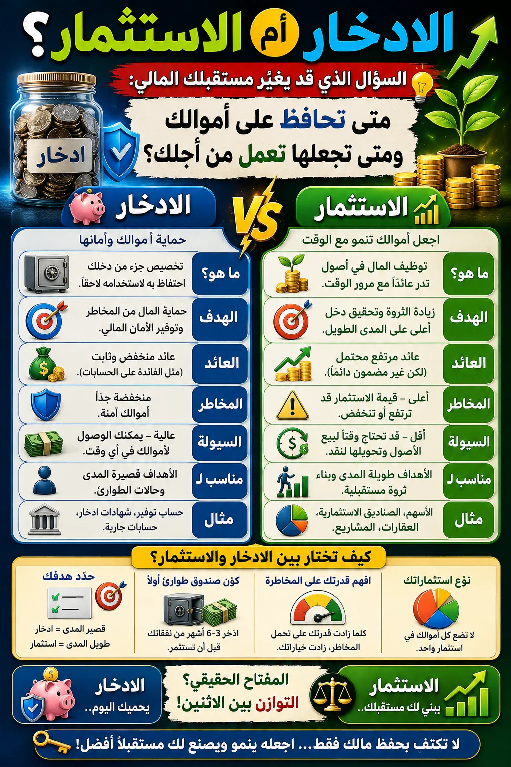 image about الادخار أم الاستثمار؟.. السؤال الذي قد يغيّر مستقبلك المالي: متى تحافظ على أموالك ومتى تجعلها تعمل من أجلك؟