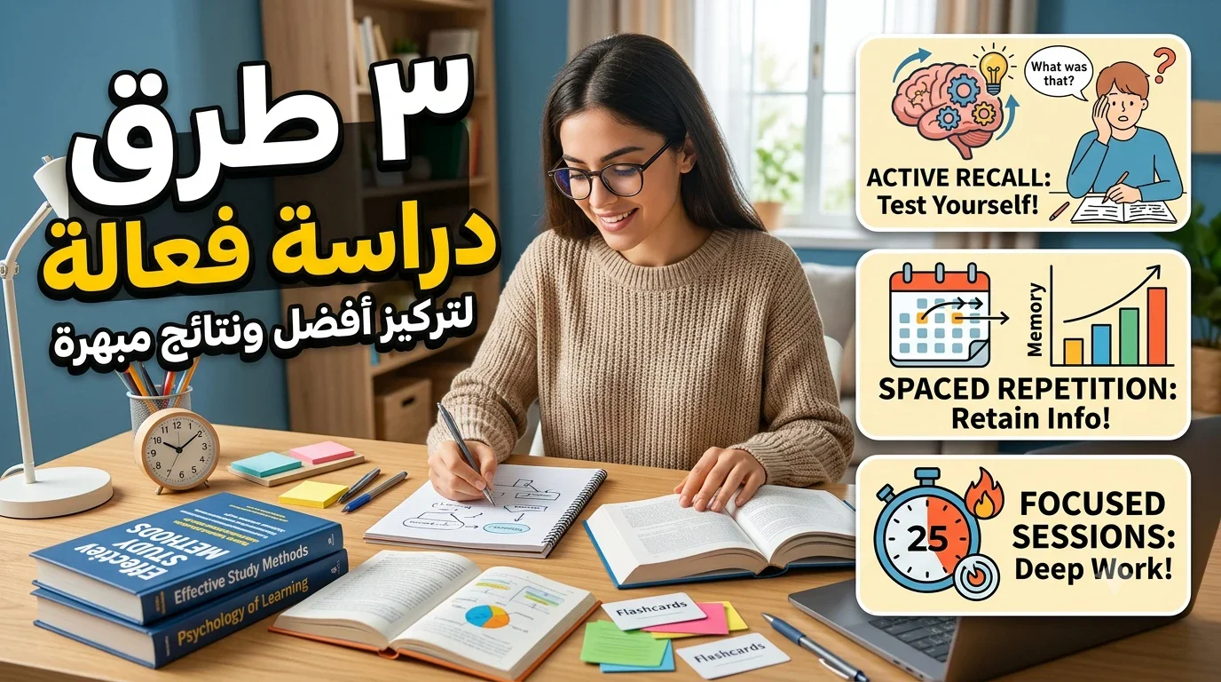 image about ثلاث طرق فعّالة للمذاكرة بتركيز وتحقيق أفضل النتائج