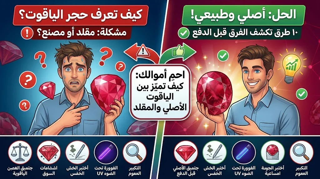 image about يبدو الياقوت الحقيقي جذابًا من النظرة الأولى، لكن جمال الحجر وحده لا يثبت أصالته. فالأحجار المقلدة والمواد الصناعية قد