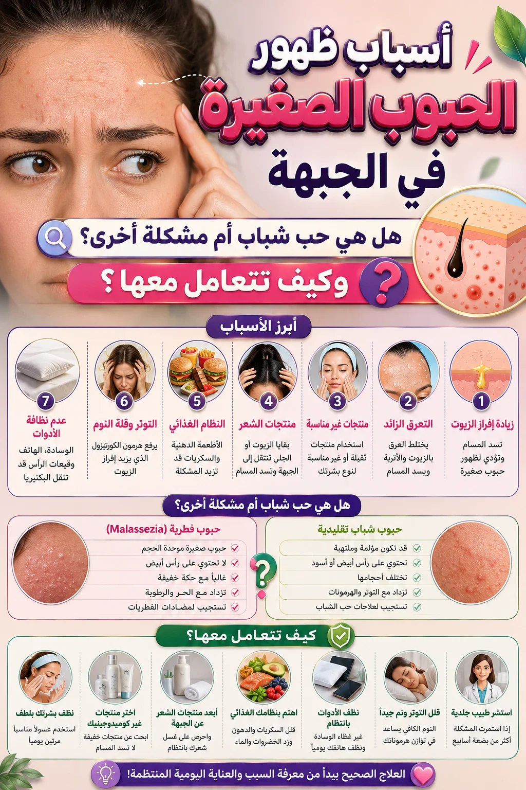 image about أسباب ظهور الحبوب الصغيرة في الجبهة.. هل هي حب شباب أم مشكلة أخرى؟ وكيف تتعامل معها؟