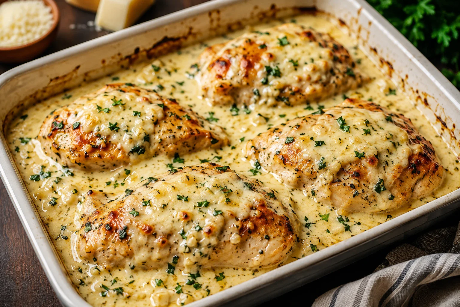 image about 🍗 دجاج مخبوز بصلصة الثوم والبارميزان الكريمية - وصفة سهلة وشهية بطعم لا يُقاوم 🧄🧀