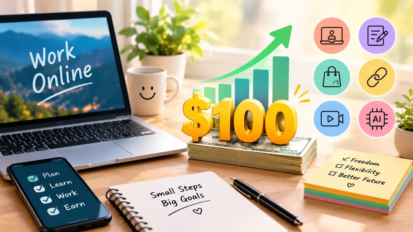 image about كيف تربح أول 100 دولار من الإنترنت؟ 7 طرق حقيقية للمبتدئين في 2026