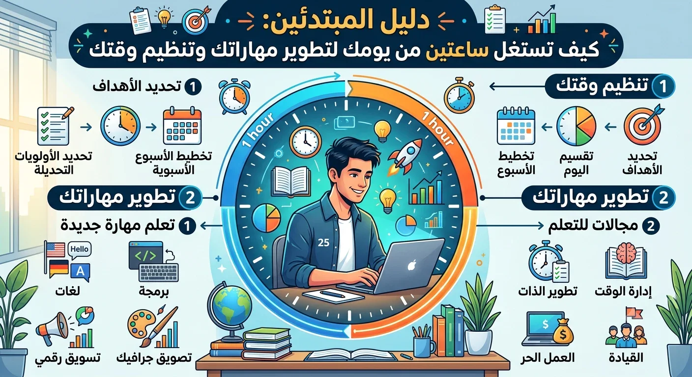 image about دليل المبتدئين: كيف تستغل ساعتين من يومك لتطوير مهاراتك وتنظيم وقتك ومجالات بأمكانك تعلمها ؟