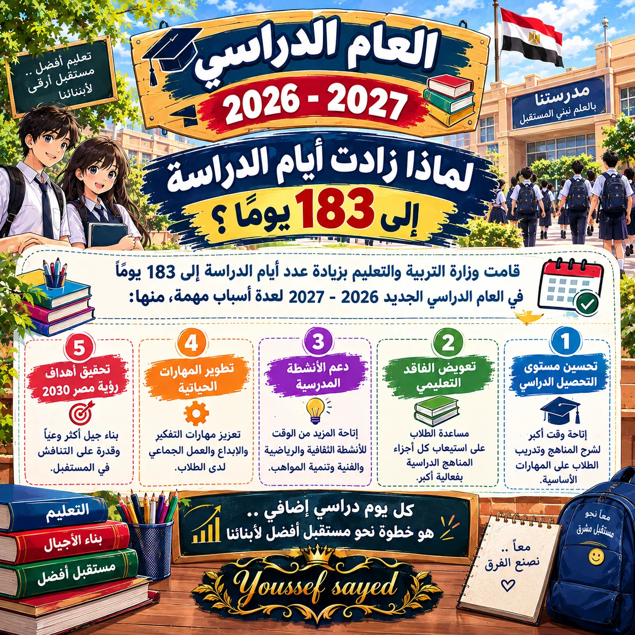 image about 📖 العام الدراسي 2026-2027.. عدد أيام الدراسة وأسباب زيادة أيام الحضور إلى 183 يومًا