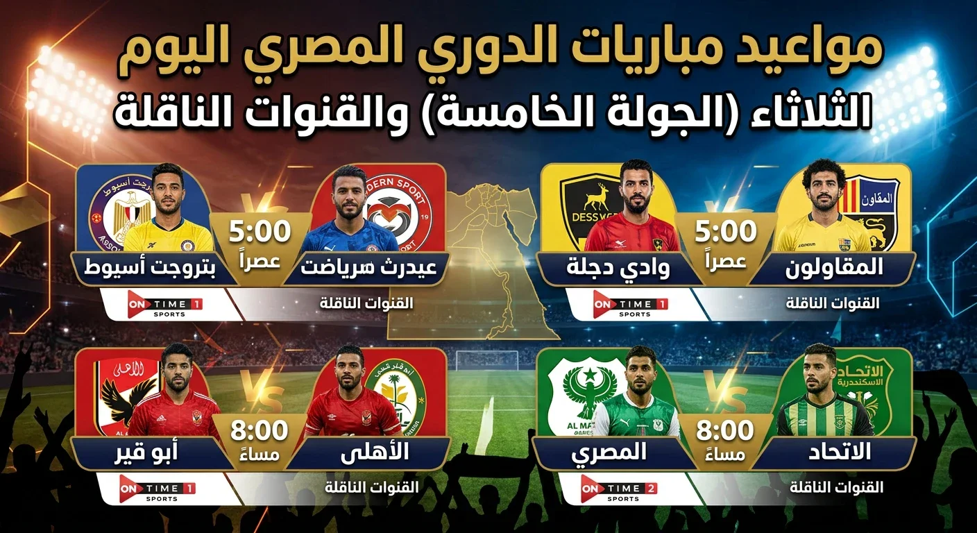 image about مواعيد مباريات الدوري المصري اليوم الثلاثاء (الجولة الخامسة) والقنوات الناقلة