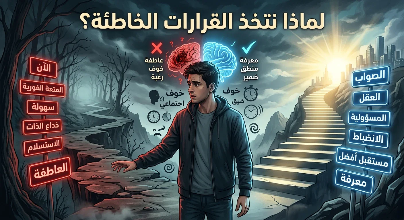 image about لماذا يتخذ الإنسان قرارات خاطئة رغم أنه يعرف الصواب؟ 🧠