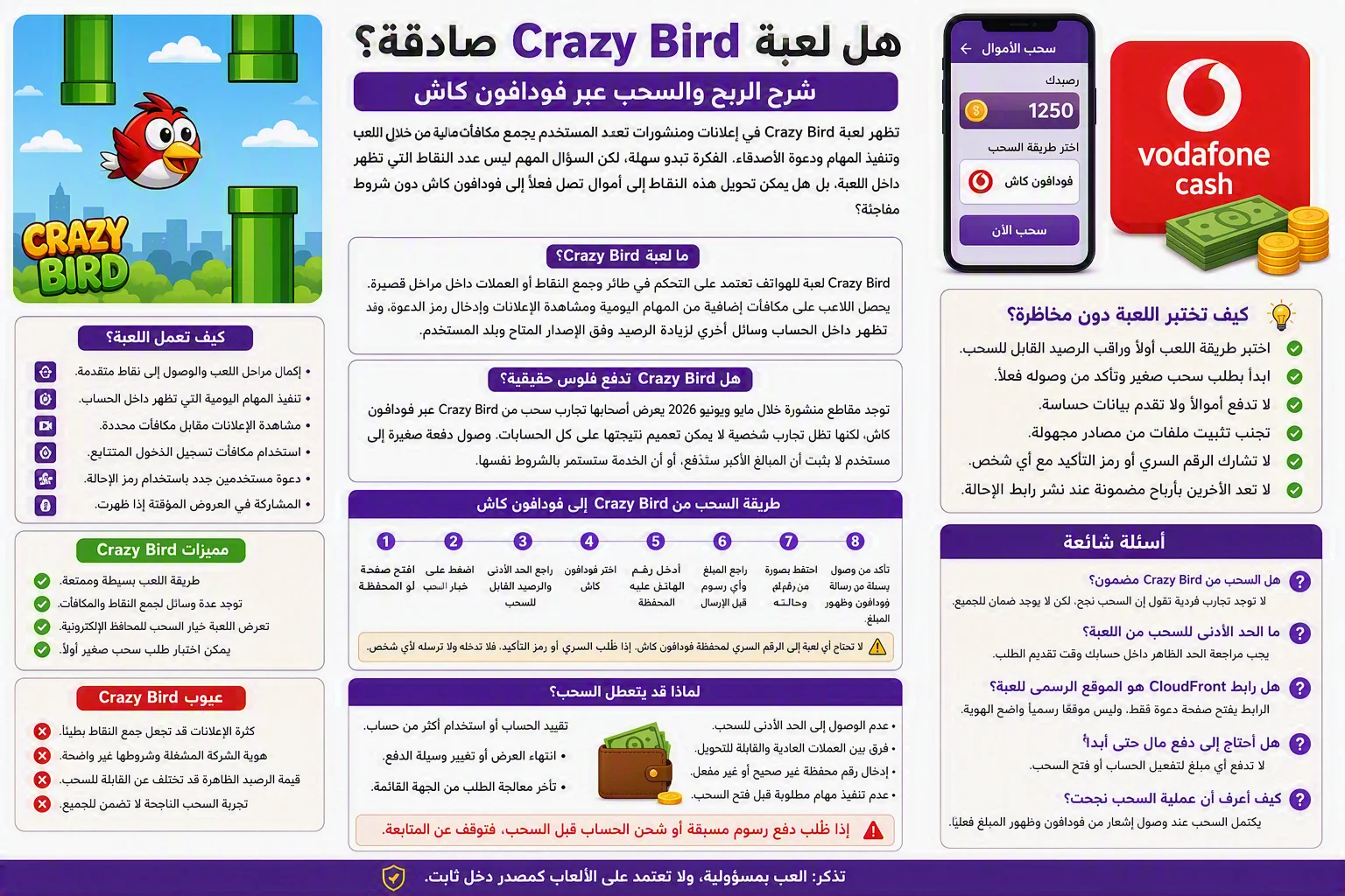 image about هل لعبة Crazy Bird صادقة؟ شرح الربح والسحب عبر فودافون كاش