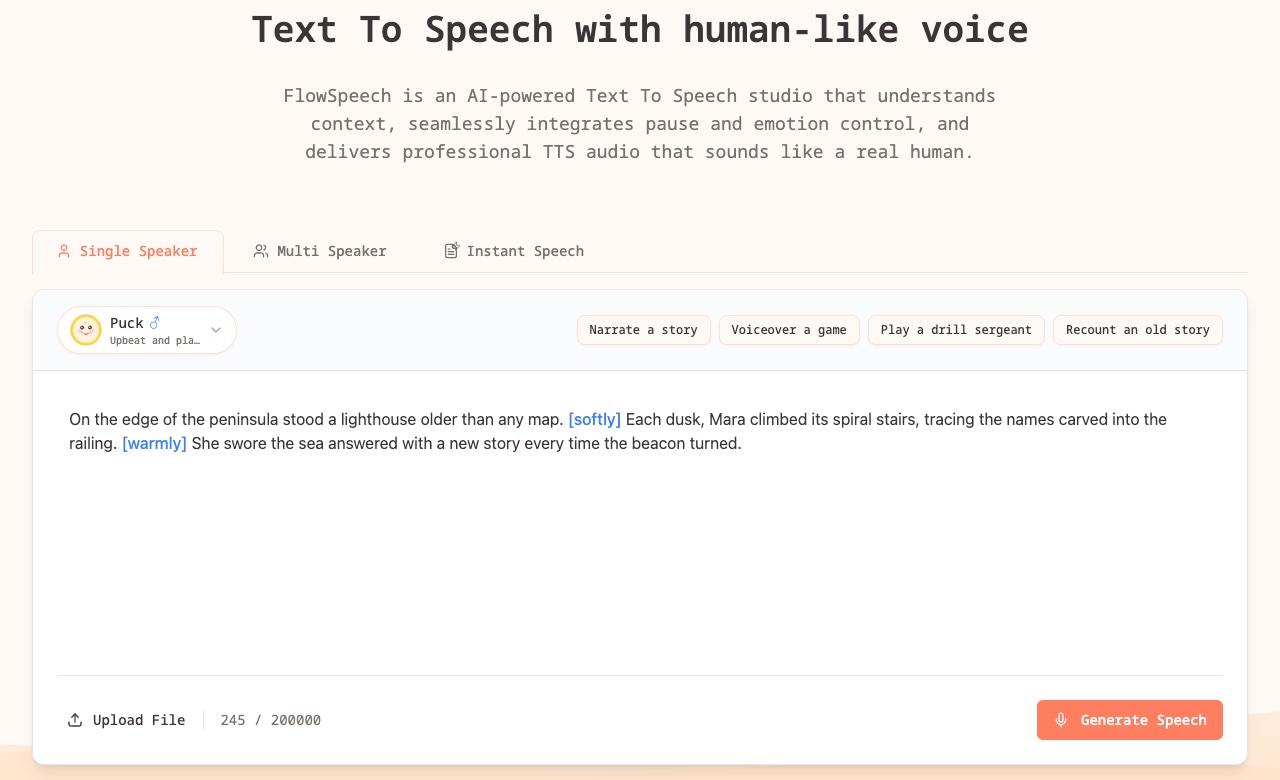 واجهة FlowSpeech لاختبار تحويل النص العربي إلى صوت