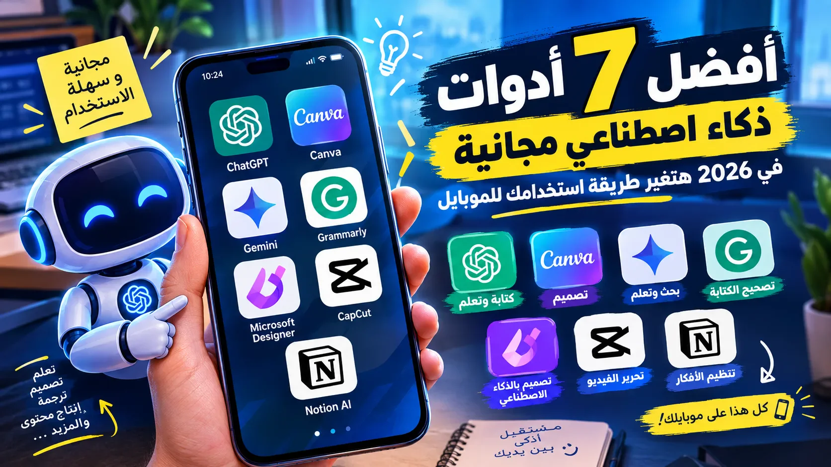 image about أفضل 7 أدوات ذكاء اصطناعي مجانية هتغير طريقة استخدامك للموبايل في 2026