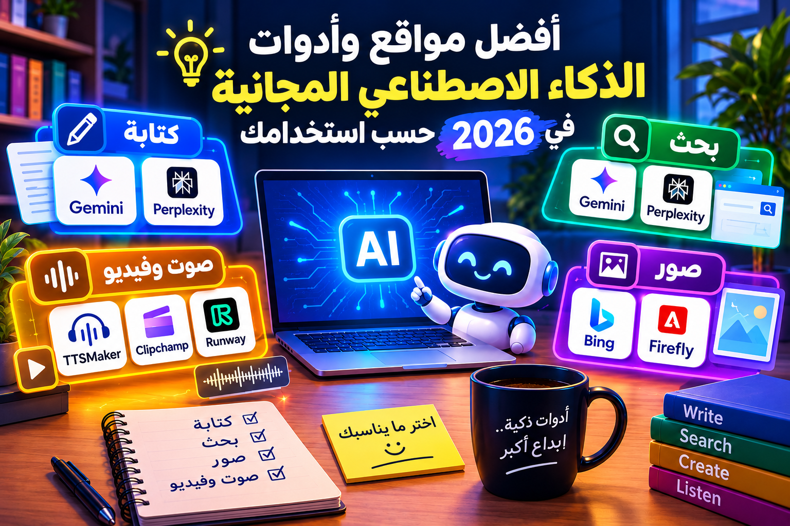 أفضل مواقع وأدوات الذكاء الاصطناعي المجانية في 2026 حسب استخدامك