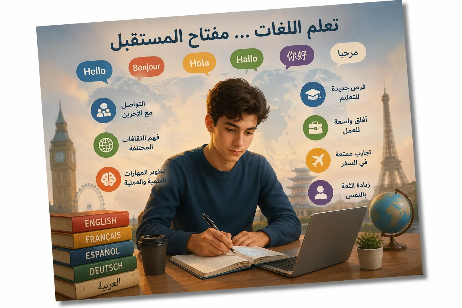 image about تعلم اللغات وأهميته في تطوير مهارات التواصل وزيادة المعرفة وفتح آفاق جديدة في التعليم والعمل والتعرف على ثقافات الشعوب ا