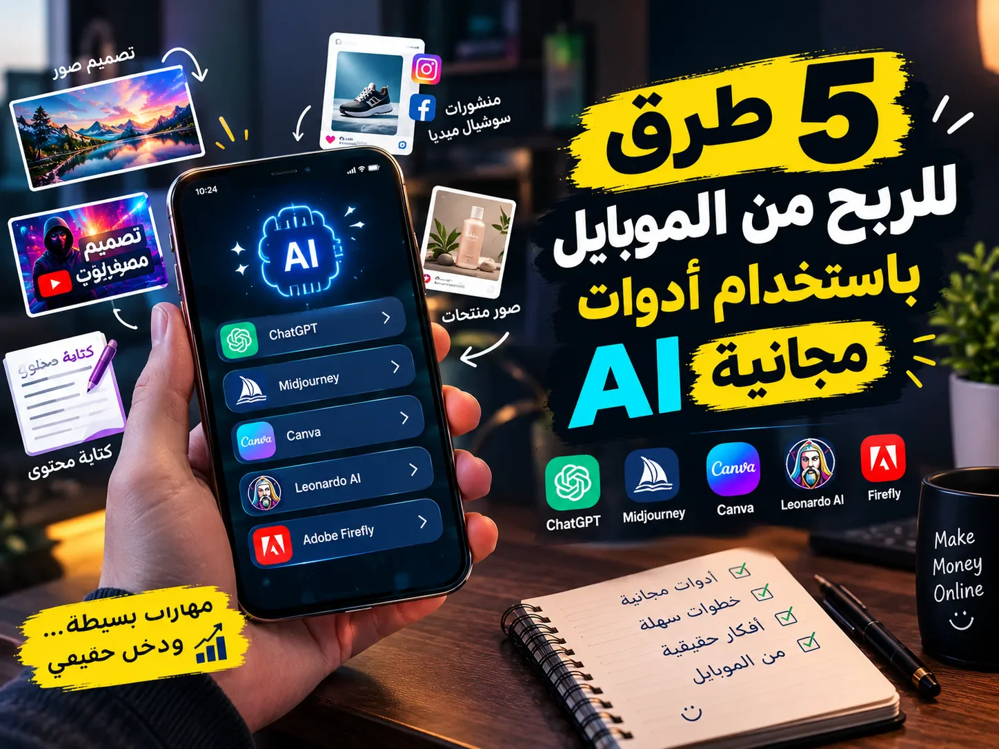 image about 📱 5 طرق للربح من الموبايل باستخدام أدوات AI مجانية في 2026 💰