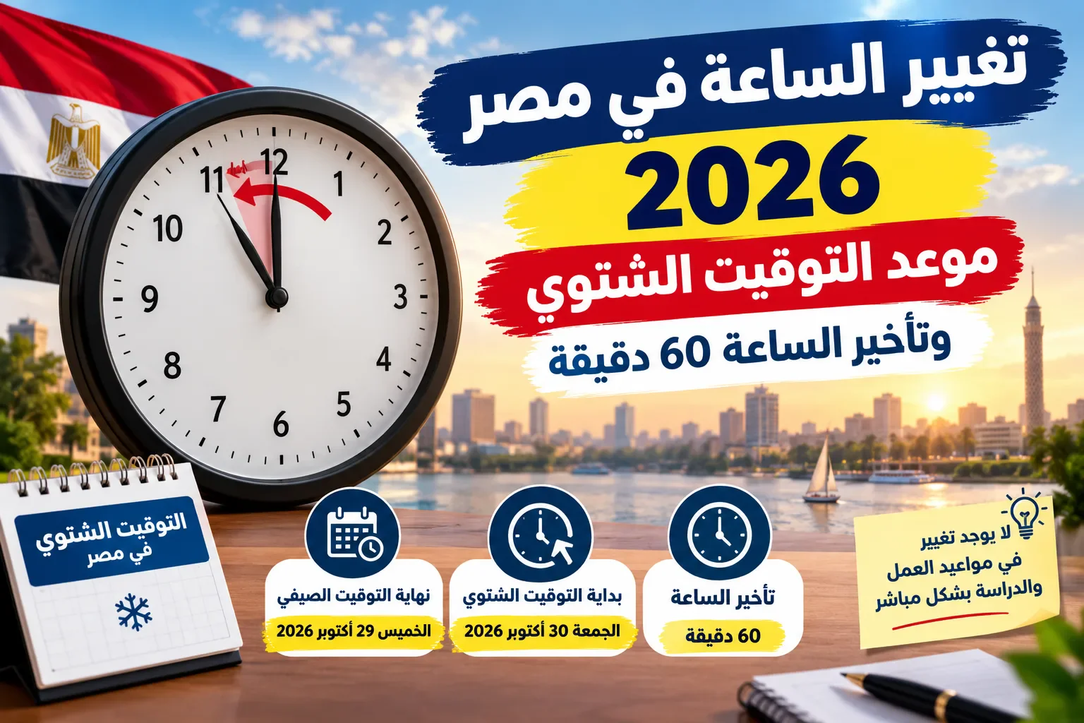 image about تغيير الساعة في مصر 2026.. موعد التوقيت الشتوي وتأخير الساعة 60 دقيقة