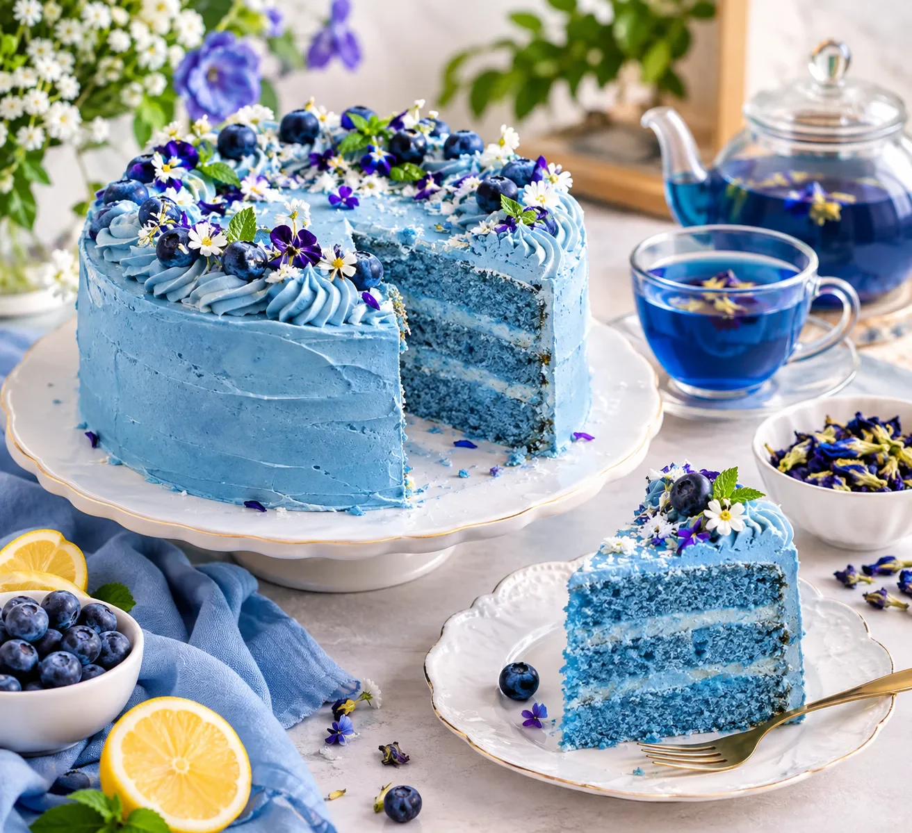 image about 🫖💙 كيكة الشاي الأزرق - وصفة هشة ولذيذة بلون طبيعي ساحر