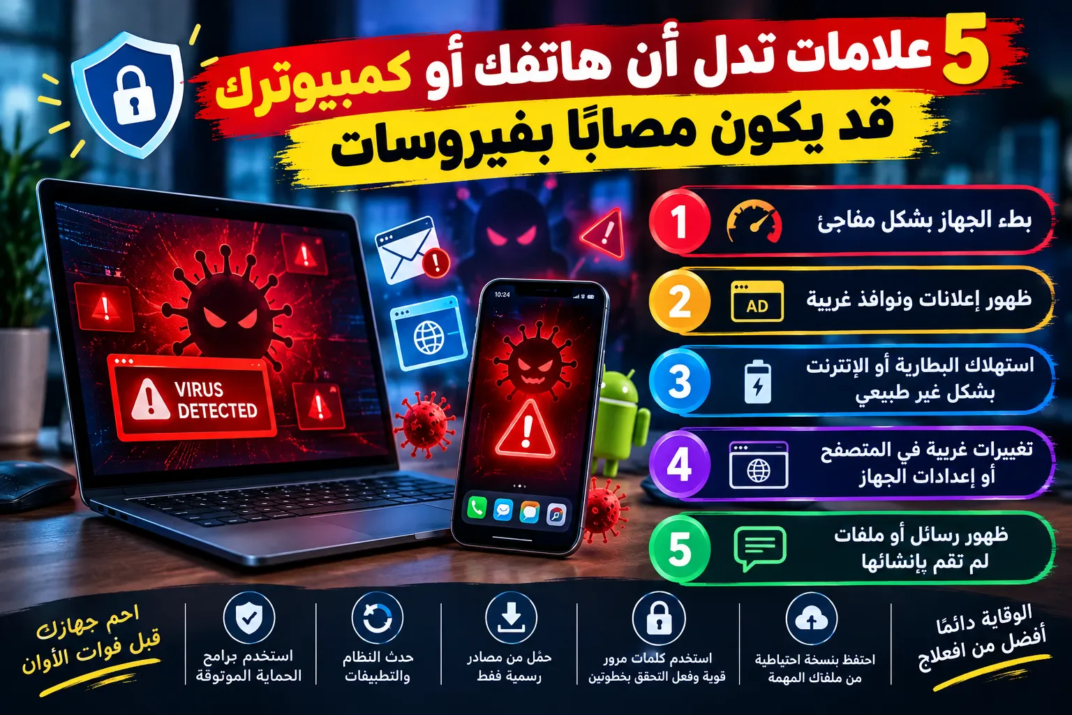 image about 🛡️ 5 علامات تدل أن هاتفك أو كمبيوترك قد يكون مصابًا بفيروسات
