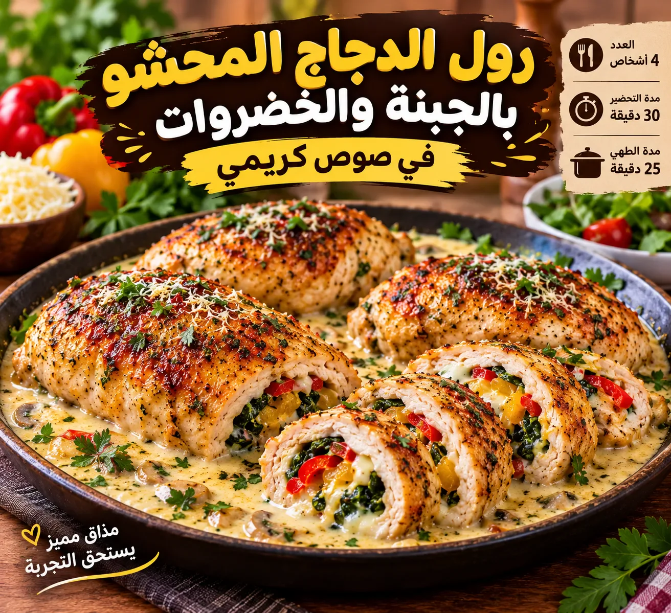 image about طبق سيخطف الأنظار من أول لقمة: رول الدجاج المحشو بالجبنة والخضروات في صوص كريمي