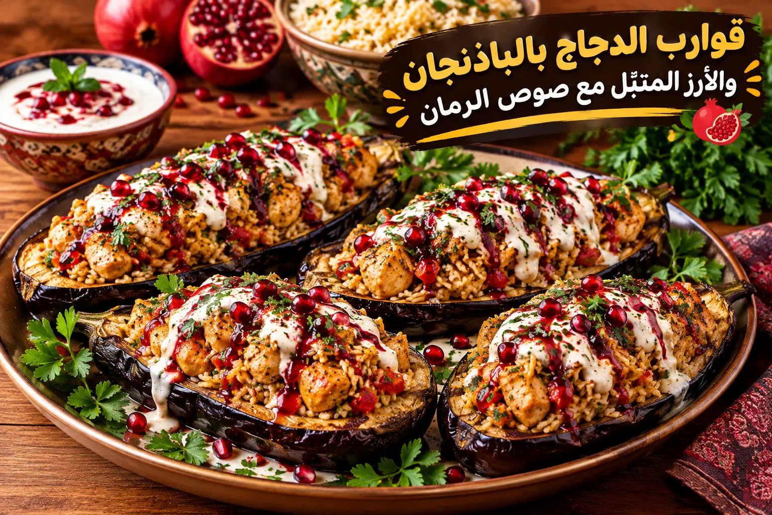 image about طبق سيجعل الجميع يسأل عن السر: قوارب الدجاج بالباذنجان والأرز المتبّل مع صوص الرمان