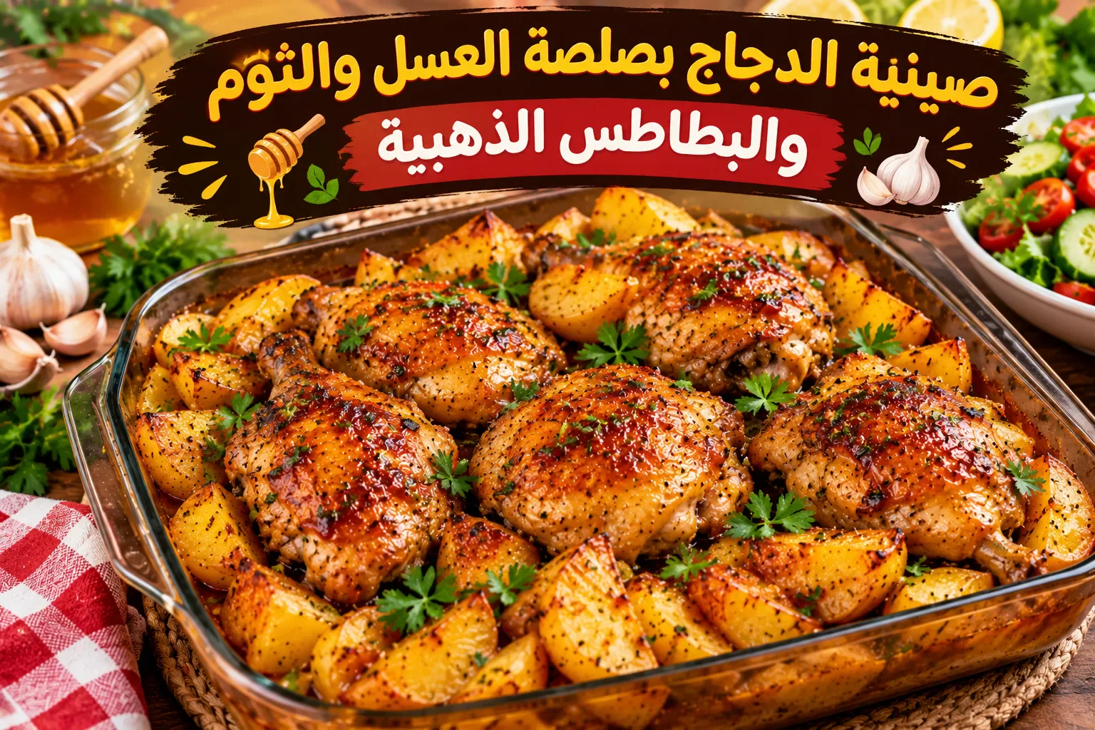 image about 🍗 صينية الدجاج بصلصة العسل والثوم والبطاطس الذهبية.. طبق رئيسي يخطف القلوب من أول لقمة!