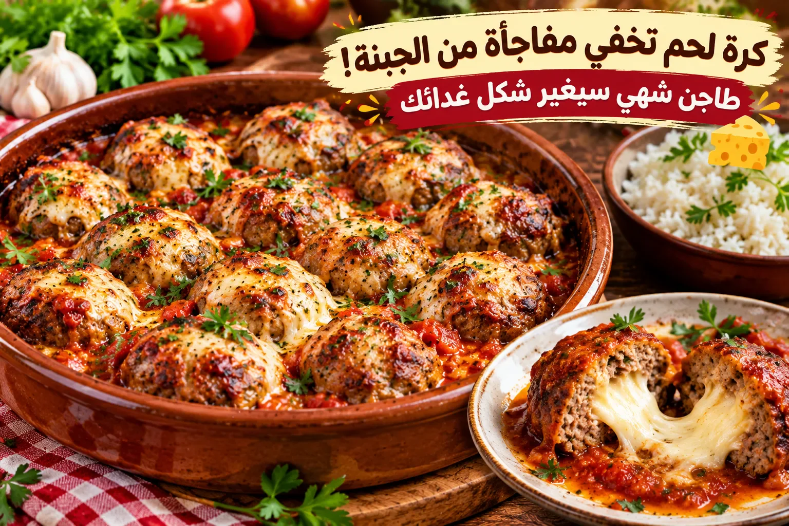 image about 🧀 طاجن كرات اللحم المحشوة بالجبنة في صلصة الطماطم.. سر وجبة رئيسية لا تُقاوم!