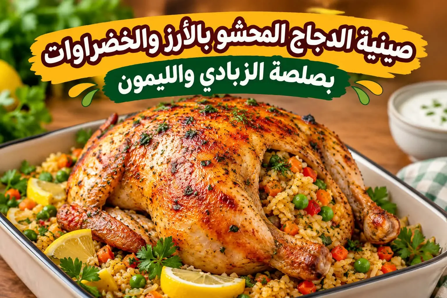 image about صينية الدجاج المحشو بالأرز والخضراوات بصلصة الزبادي والليمون.. طبق رئيسي جديد يجمع بين الطعم الغني والشكل الفاخر