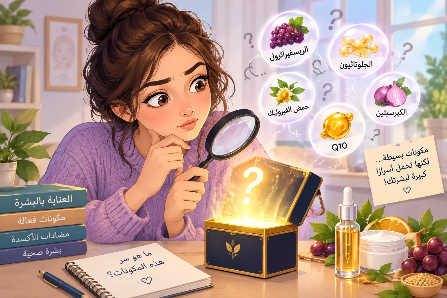 image about 5 مركبات سرية لصحة البشرة :  فوائد الجلوتاثيون  والريسفيراترول  والكيرسيتين و حمض الفيروليك و الانزيمات المساعدة مثل Q10