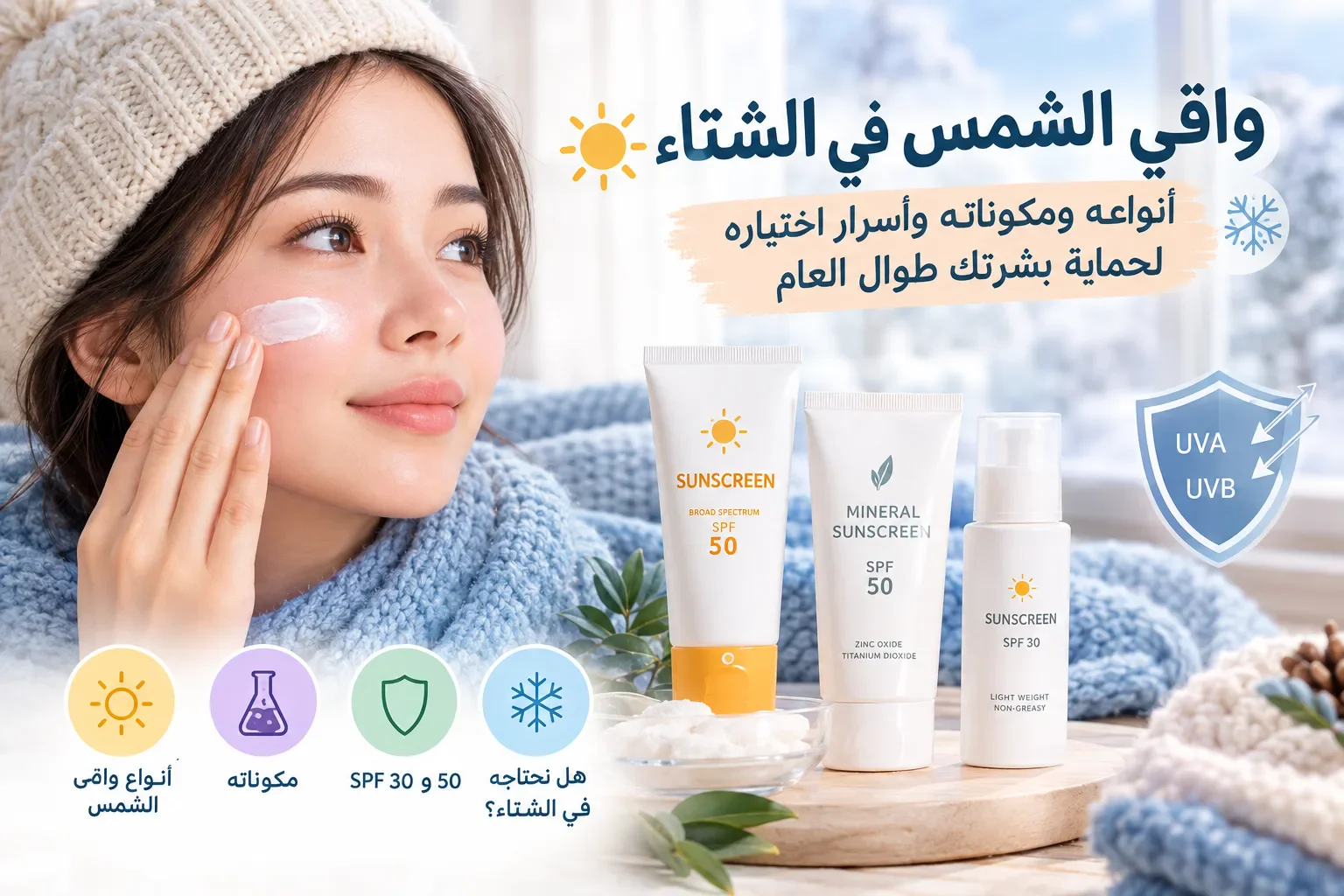 image about واقي الشمس في الشتاء: اكتشفي أنواعه ومكوناته والفرق بينها وكيف تختارين النوع المناسب لبشرتك وتحافظين على نضارتها وتحميها